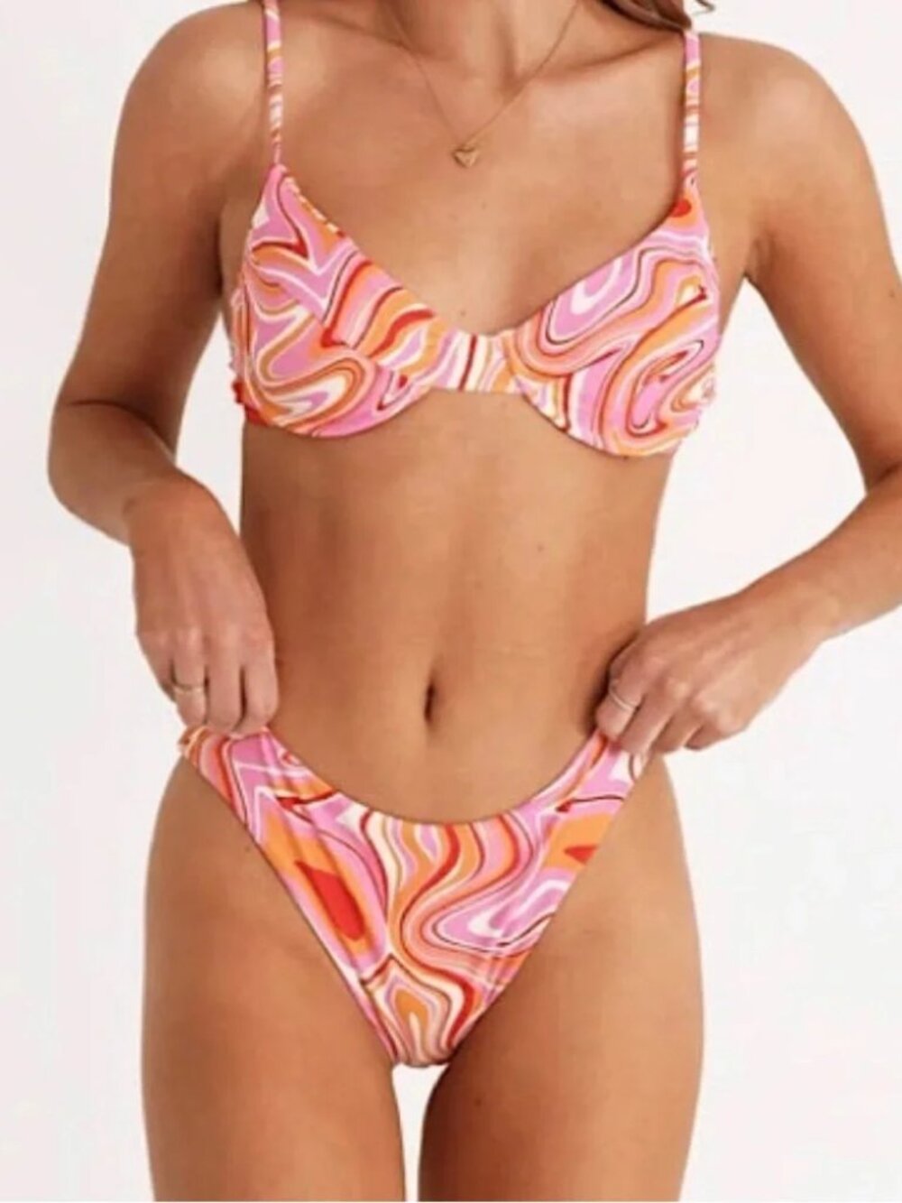 Aurelle Havana Pink Swirl Bikini Set Top & Bottom Sz L Retro 60s 70s Resortwear